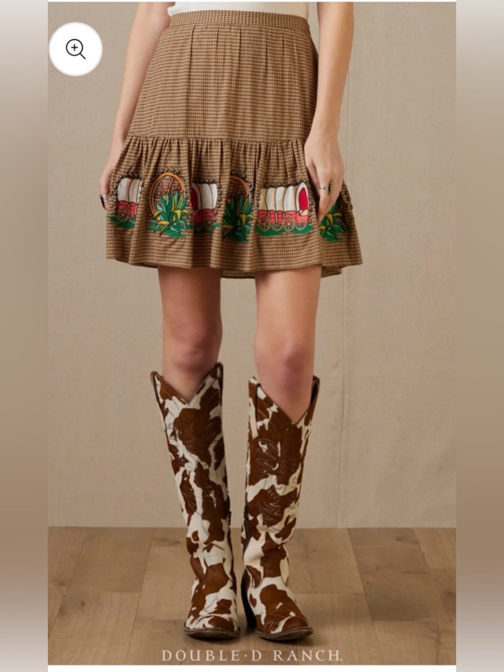 Double D Ranch Brown Mini Skirt with Colorful Wagon Embroidery - Picture 3 of 9